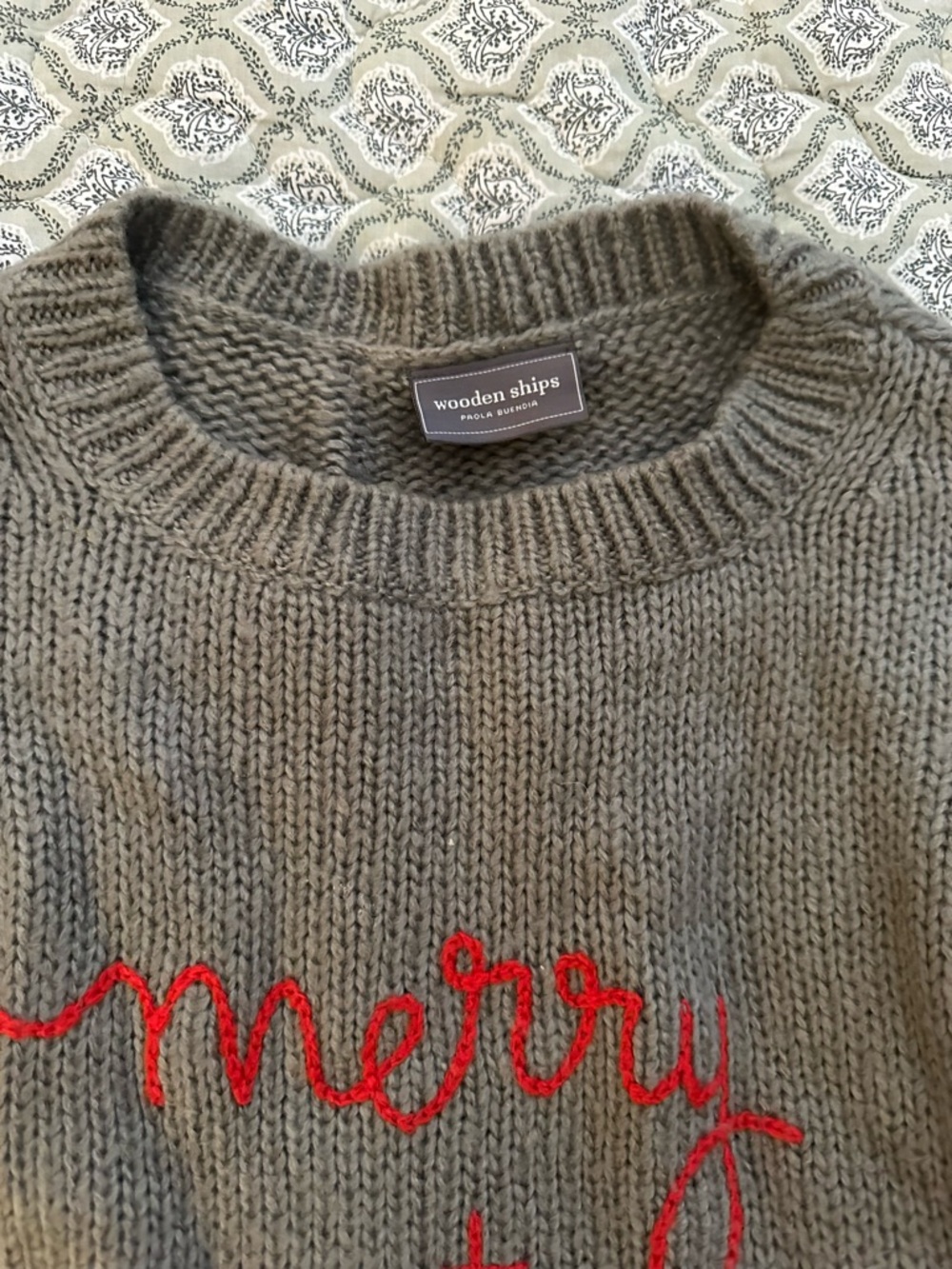 Wooden Ships Gray Sweater with Red Embroidered Script